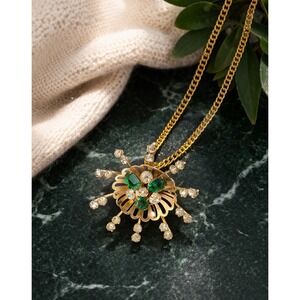 Scitarelli Pendant Necklace Vintage Brooch Gold Tone Green Clear Rhinestone Star
